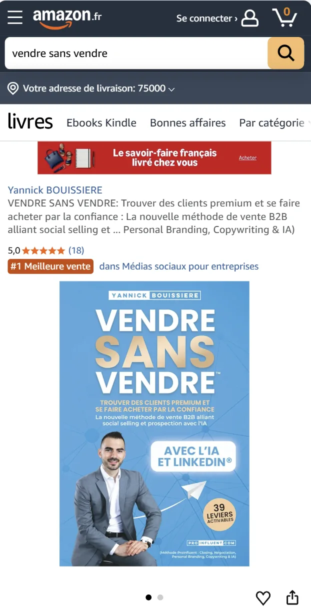 Capture d’écran d’Amazon.fr : la page du livre Vendre Sans Vendre™, avec le bandeau N°1 des meilleures ventes de sa catégorie et la note de cinq étoiles.