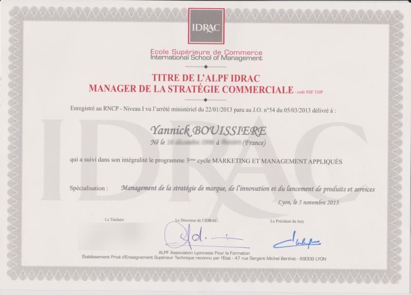 Titre Manager de la Stratégie Commerciale délivré par l’IDRAC en novembre 2013