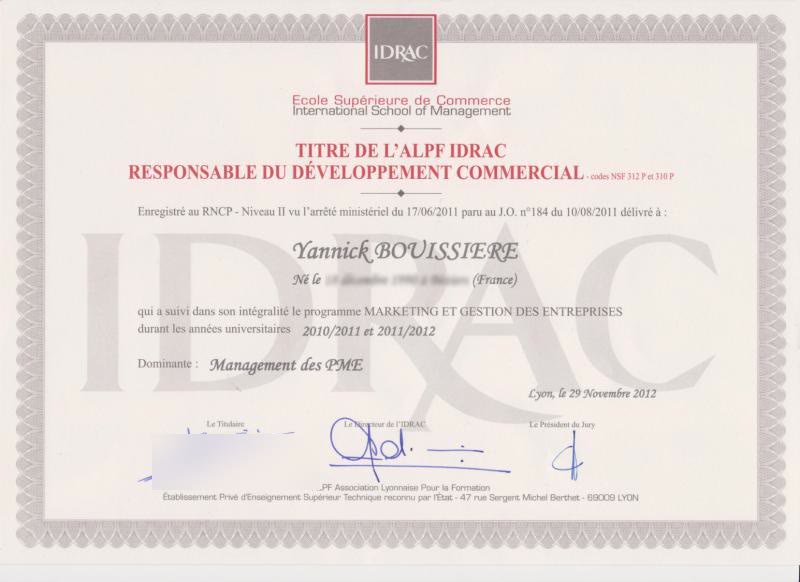 Titre Responsable du Développement Commercial et Marketing délivré par l’IDRAC en novembre 2012