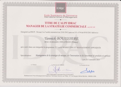 Titre Manager de la Stratégie Commerciale, niveau I, RNCP 9385, délivré en novembre 2013