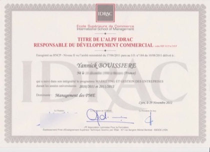 Titre Responsable du Développement Commercial et Marketing, niveau II, CNCP 4388, délivré en novembre 2012